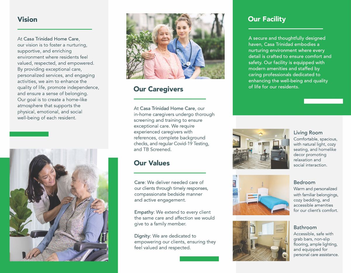 Tri-fold brochure — inside panels highlighting vision, caregivers, values, and facility amenities