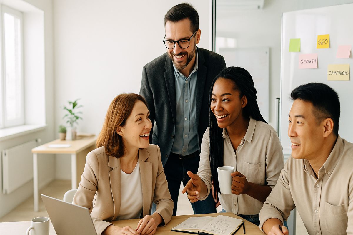 Consultants brainstorming rebranding and marketing strategies in a light studio setting
