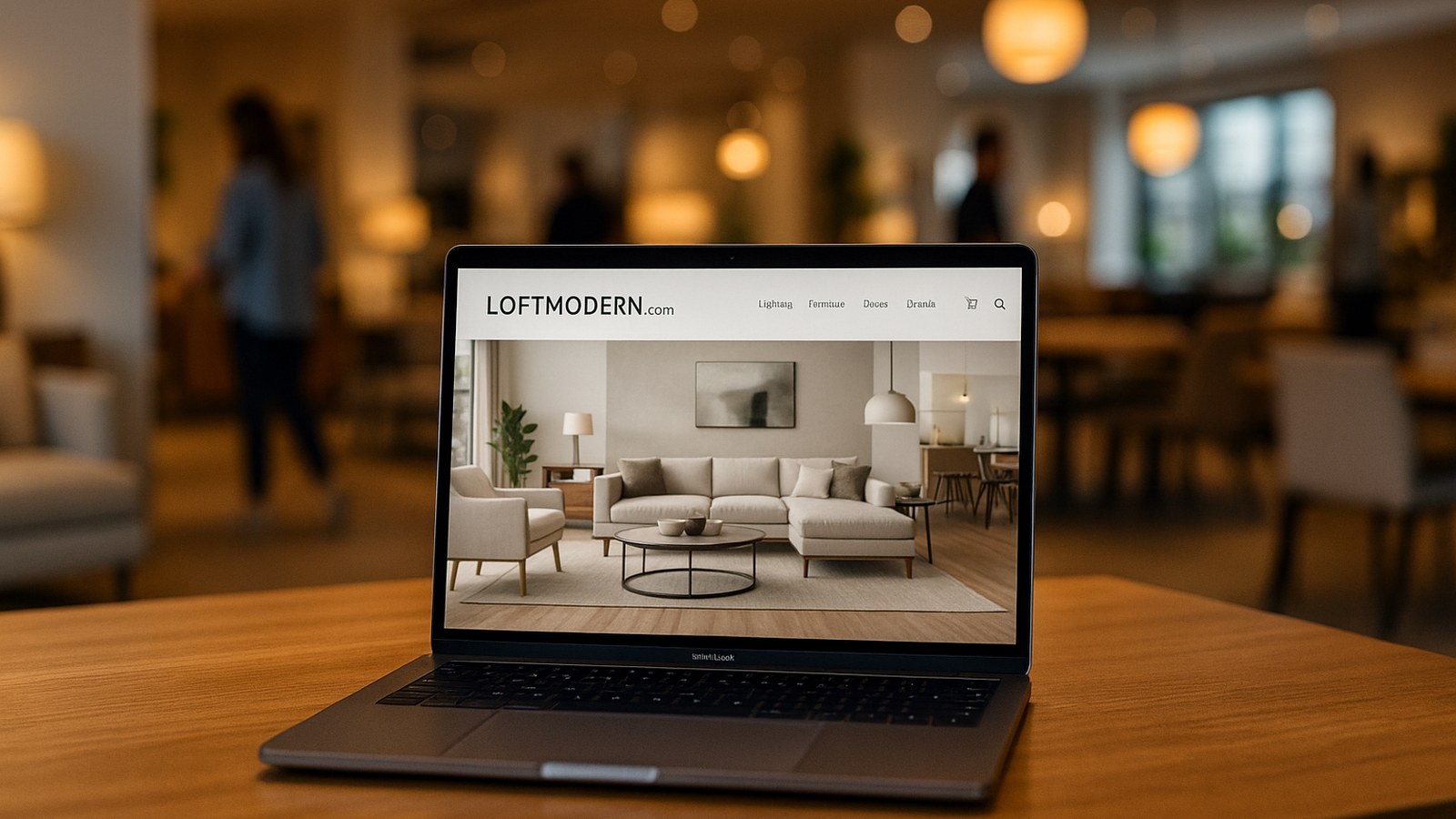 LoftModern website on a laptop inside a furniture store with customers in the background