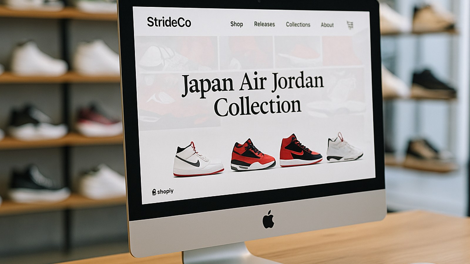 StrideCo — Shopify site shown on a computer in a sneaker store