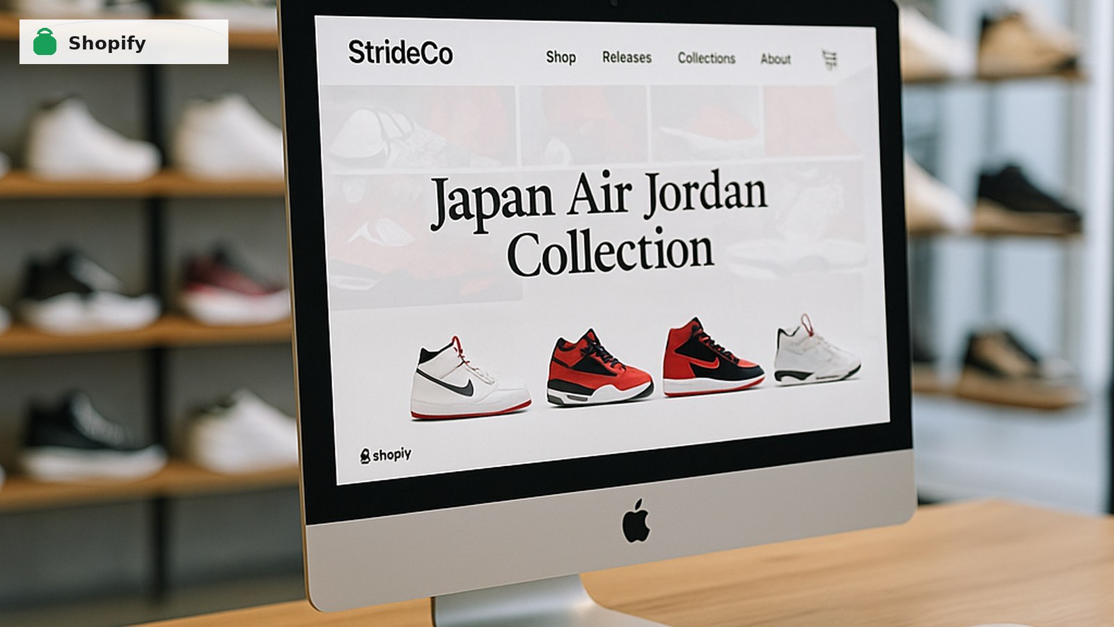 StrideCo website on desktop inside a sneaker store, with Shopify badge